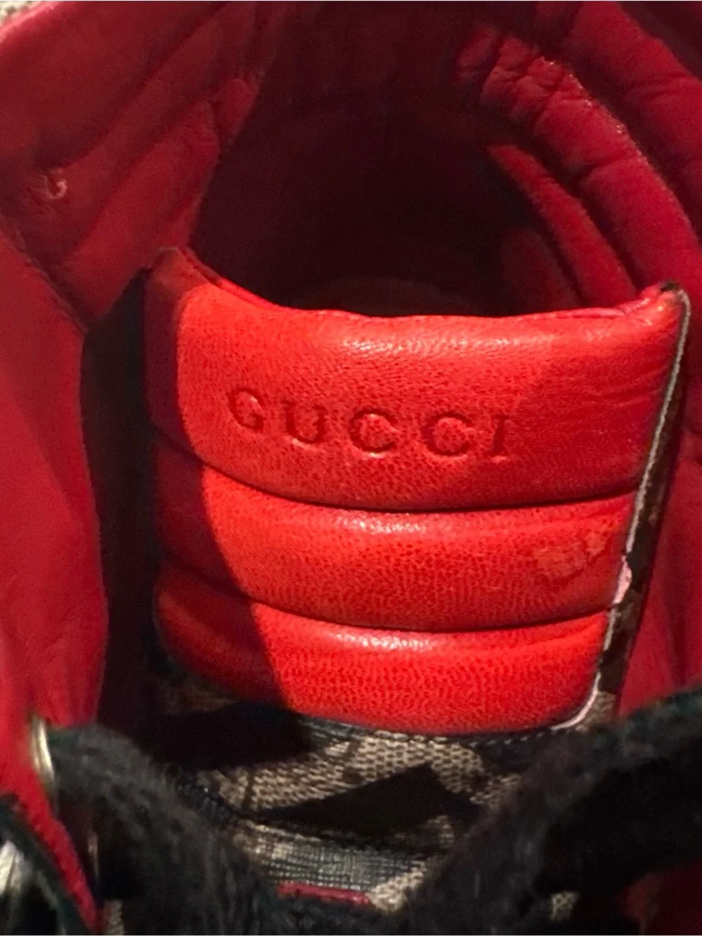 Gucci Black Gray Patterned High-Top Sneakers with Red Interior